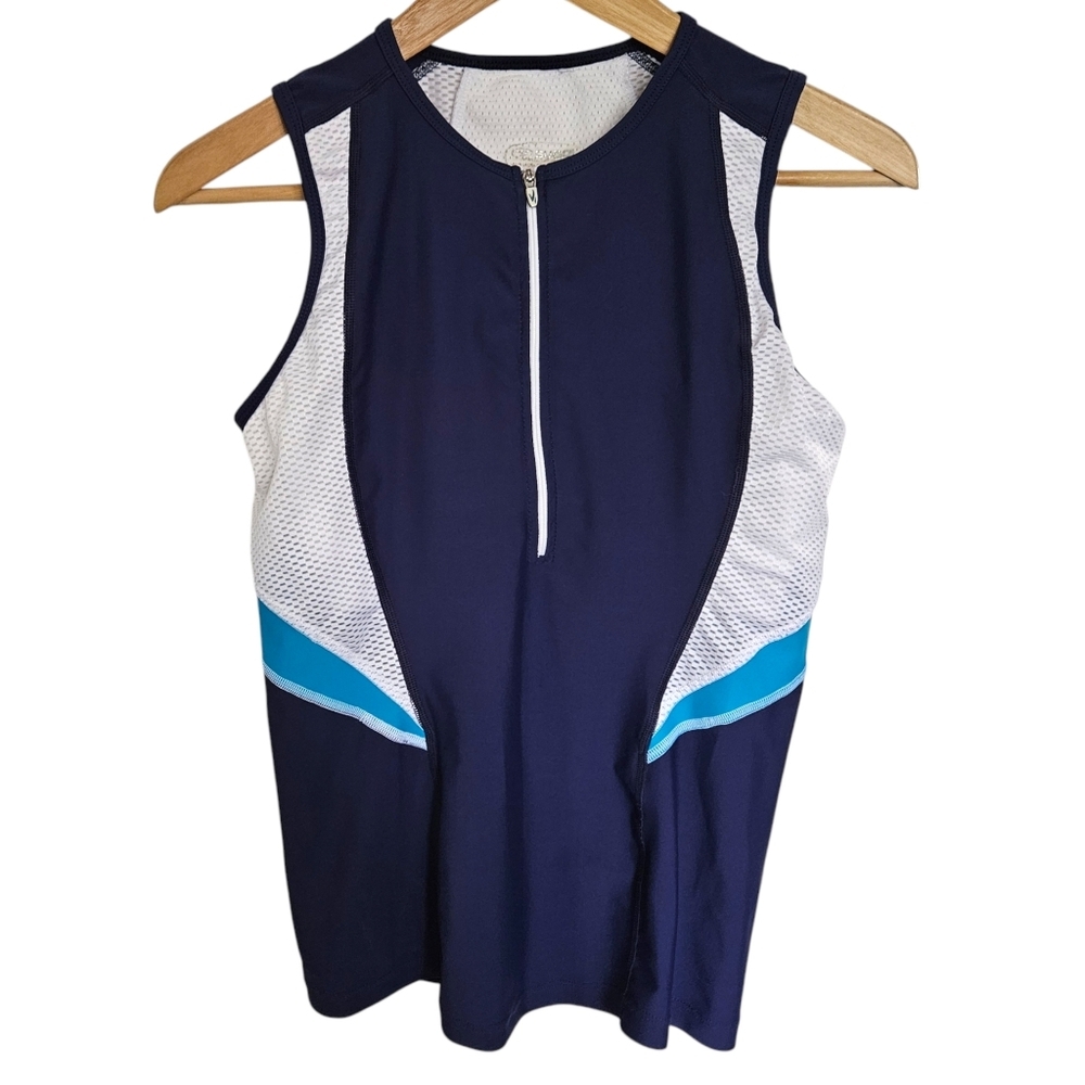 Sugoi RPM Triathlon‎ Tank Navy White Mesh Half Zip Active Top